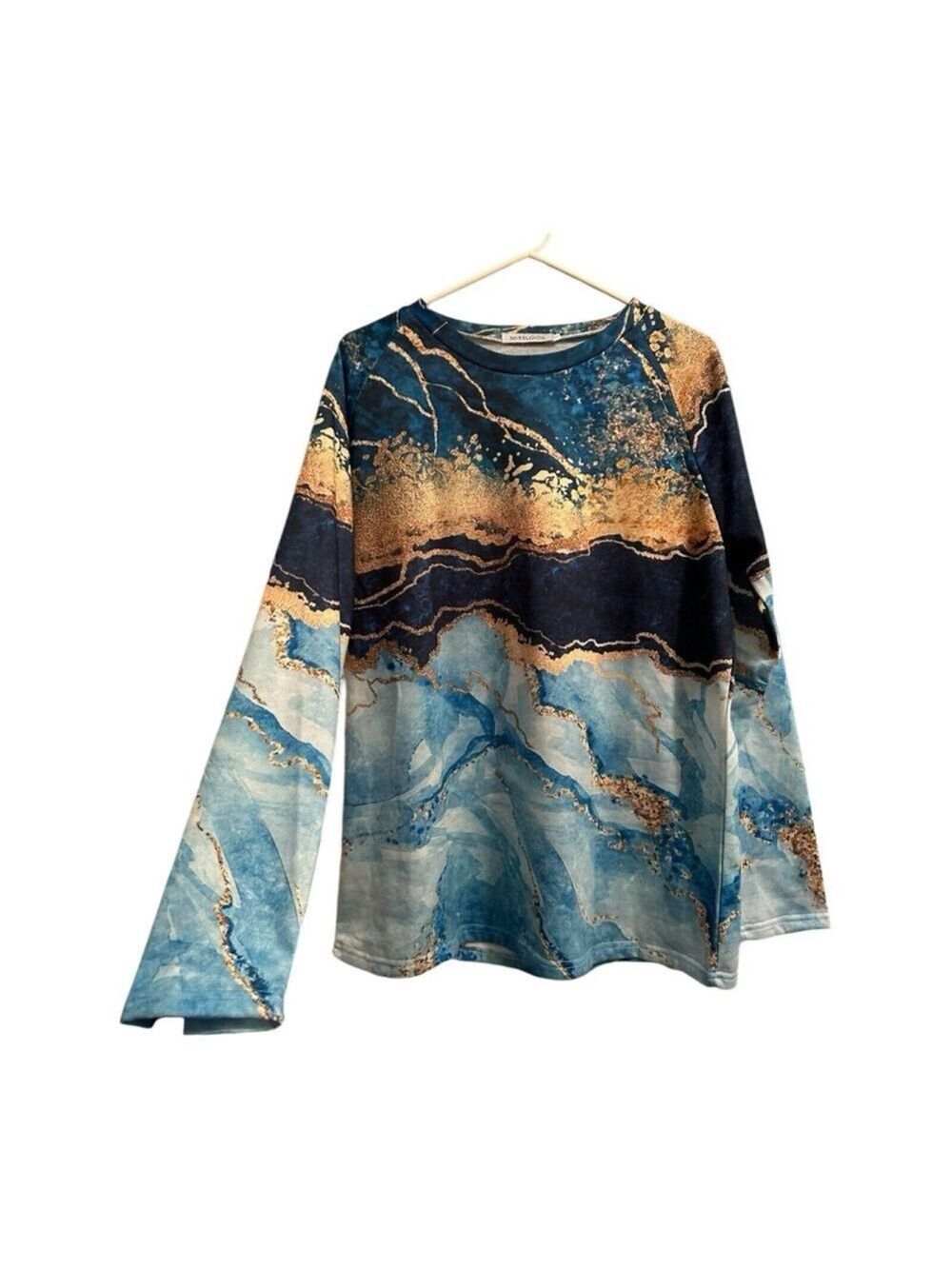 Misslook Hippie Marbled Shirt Teal & Gold Beach Wave Vibe Long Sleeve Womens XL